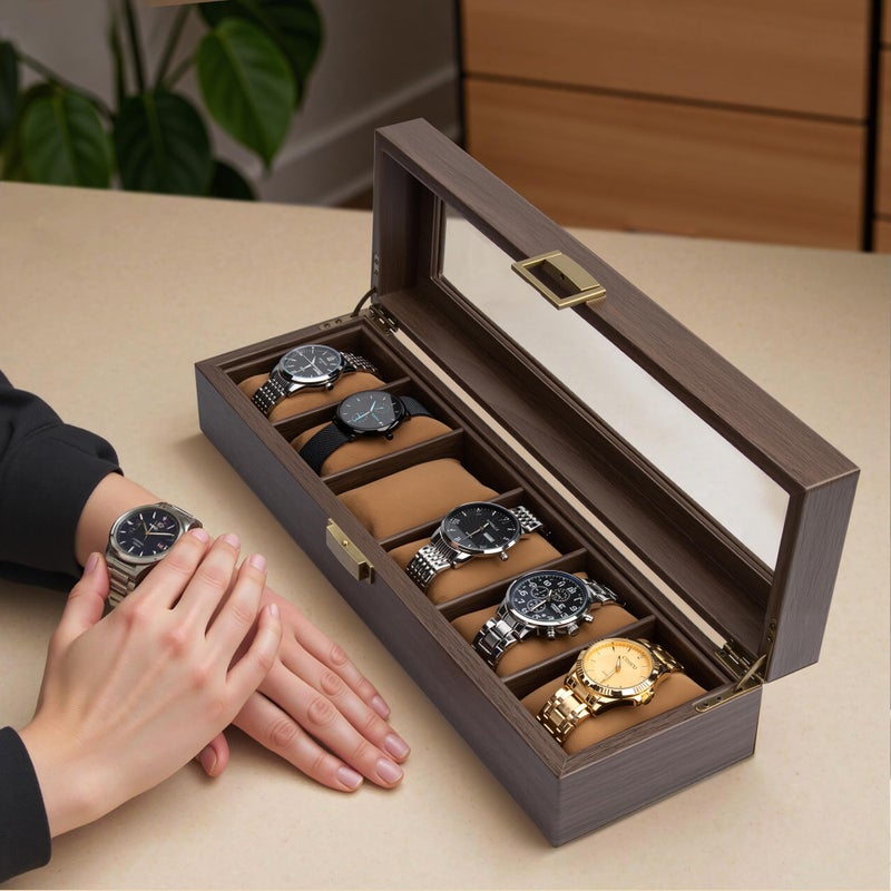 Lonian Watch Box, Watch Case for Men 6 Slots Wood Storage Watch Case Organizer with Glass Display Top Exquisite and Durable - Image 5